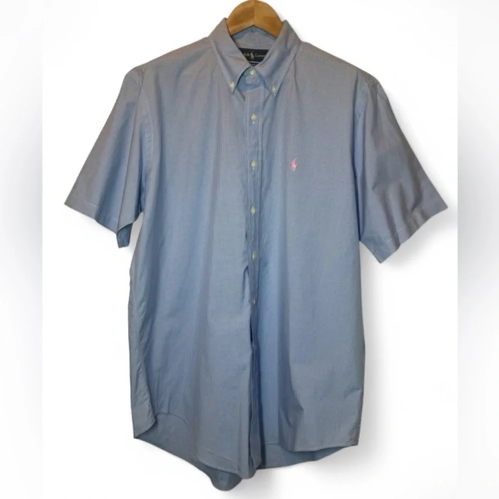 Polo Ralph Lauren Classic Fit Blue Gingham Pink Pony Short‎ Sleeve Shirt Men L